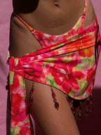 Detailed front view of Rosalie Tropical print beaded sarong by Willow and Wave